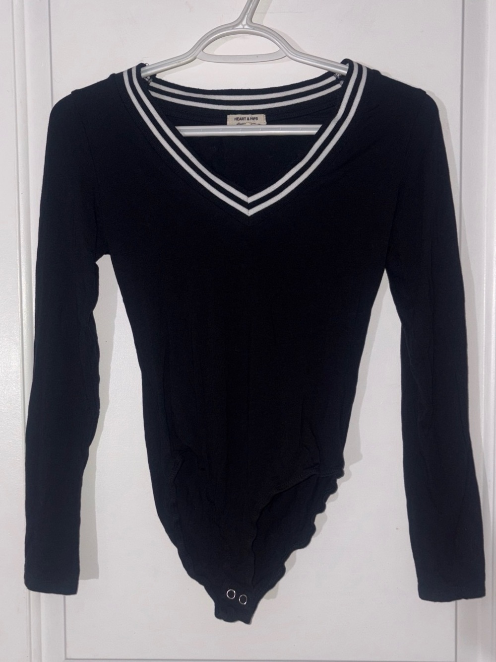 Heart Hips Black Long Sleeve V-Neck Bodysuit with White Stripe Trim